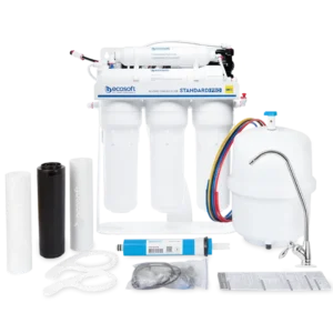 Osmoza Ecosoft STANDARD PRO z mineralizacją i pompą na metalowym stojaku