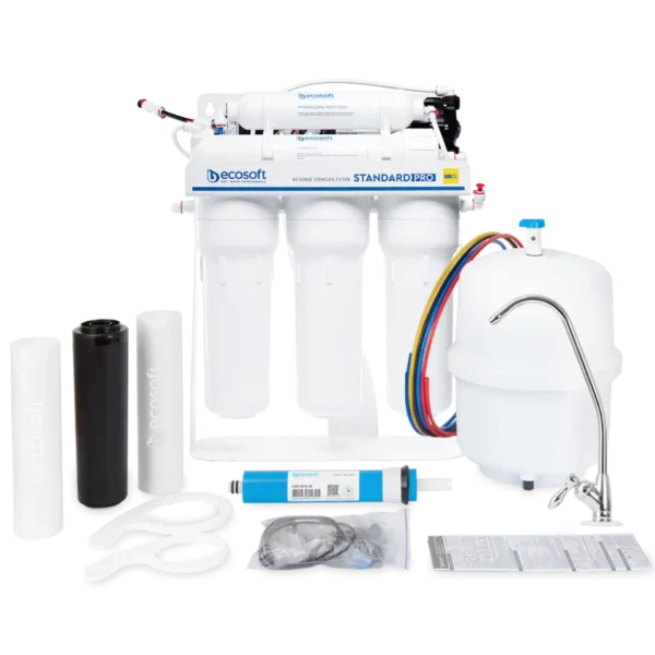 Osmoza Ecosoft STANDARD PRO z mineralizacją i pompą na metalowym stojaku