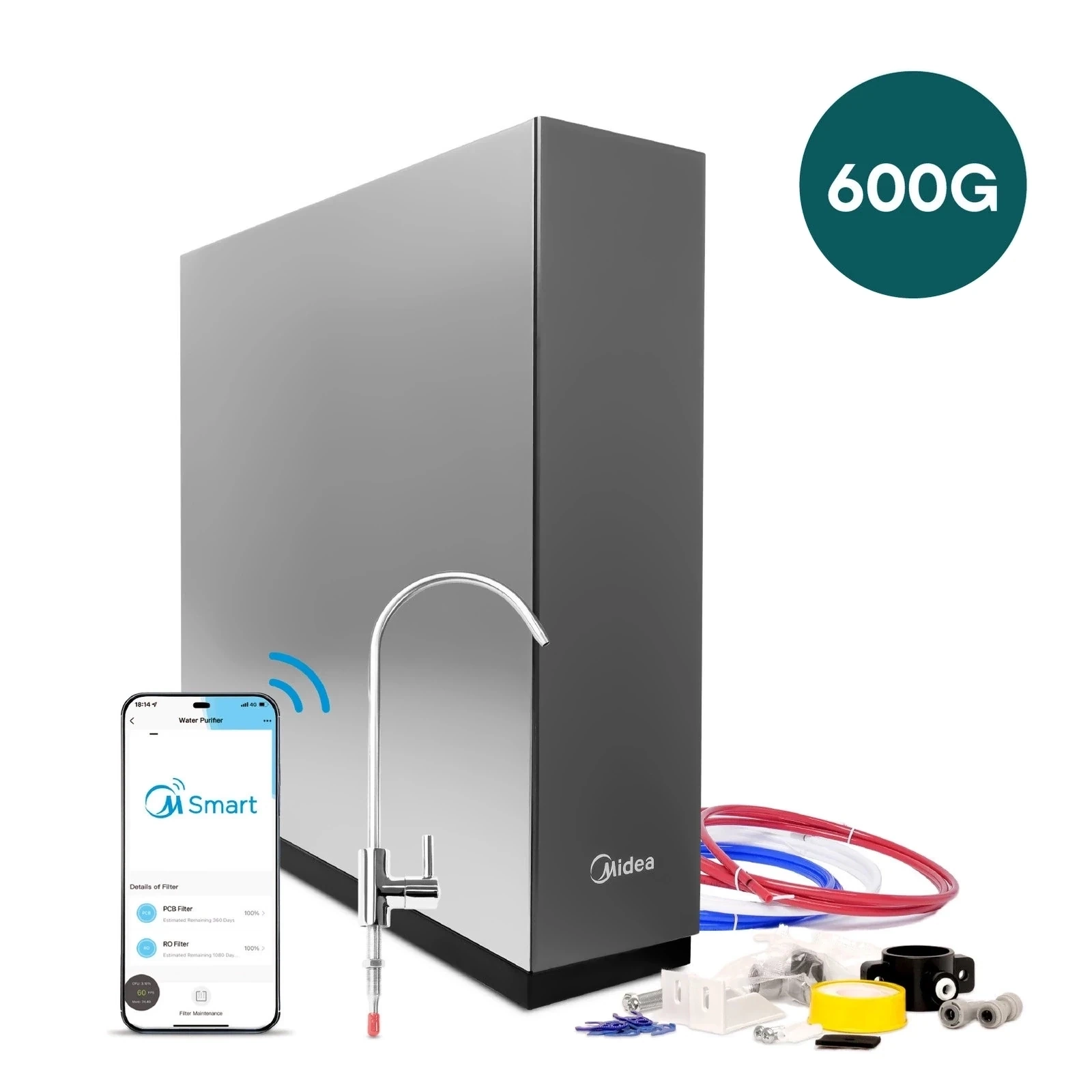 Bezzbiornikowy filtr wody odwróconej osmozy z WiFi Midea 600GPD